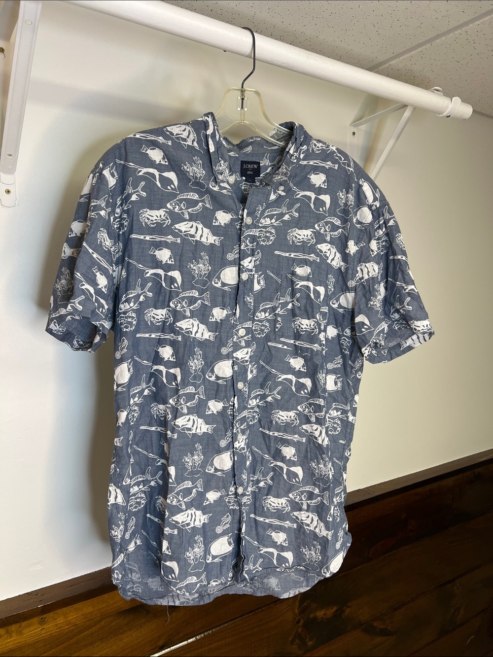 J. Crew Blue and White Short-Sleeve Fish‎ Print Button-Down Shirt- L